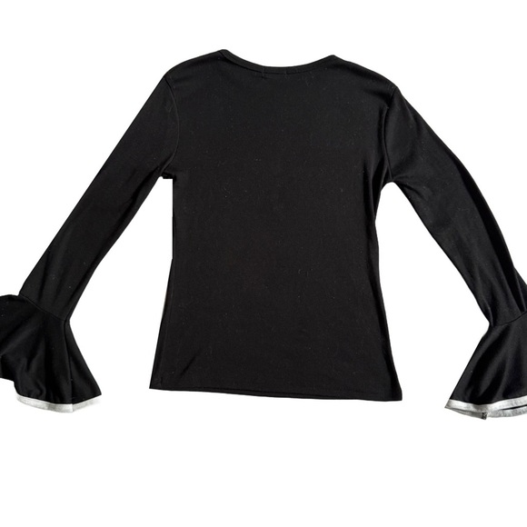 QEARAL BLACK CREWNECK FITTED LONG SLEEVE TOP WITH BELL SLEEVES SIZE S - Picture 5 of 7